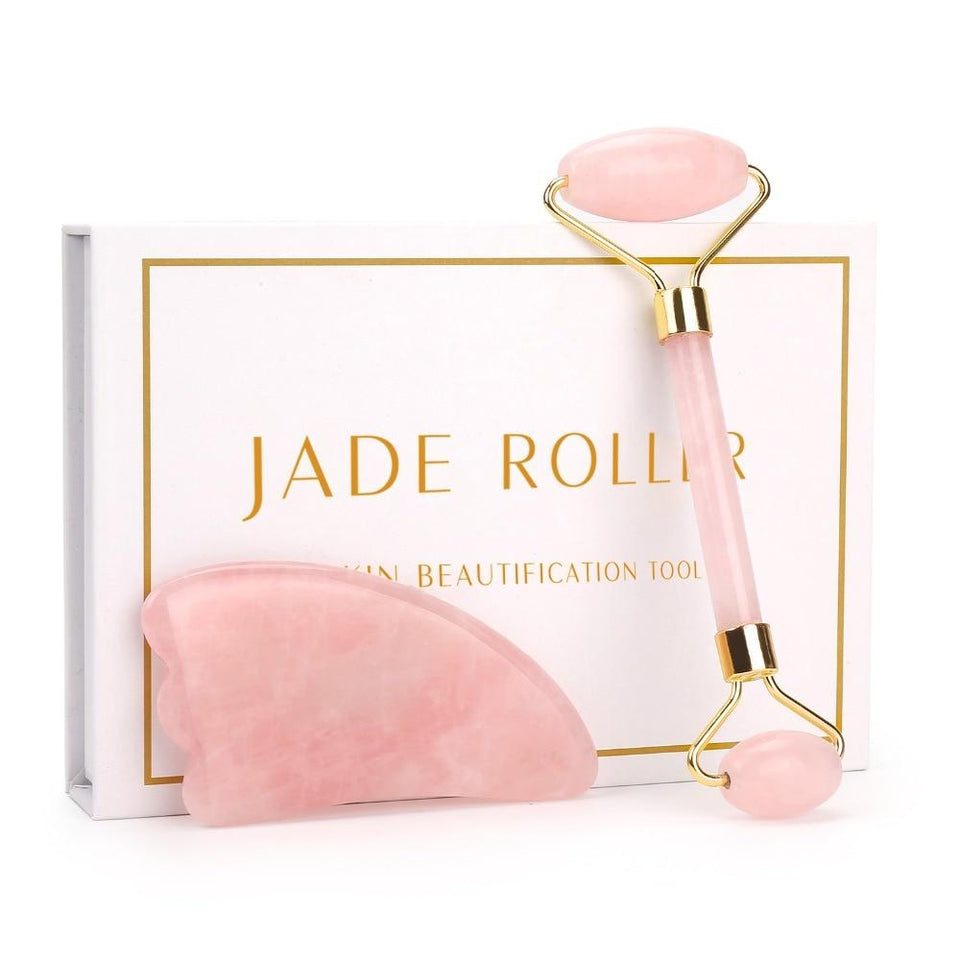 Kit Rolo Massageador Facial + Gua Sha Quartzo (Rosa e Jade Original®)